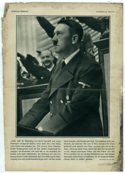 HAMBURG, GERMANY - 1939: Reproduction of magazine page shows Adolf Hitler Picture from Nazi Germany.