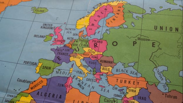Close up of old colorful map showing Northern Africa, Eastern and Northern Europe, part of the USSR.