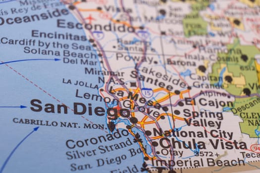 Close up of a colorful map focusing on San Diego, California through selective focus, background blur. High quality photo