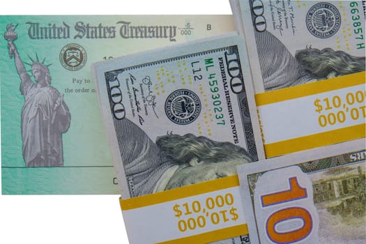 Background of USD hundred dollar bills showing 10,000 dollar bank straps and a blank US Treasury check mock up.