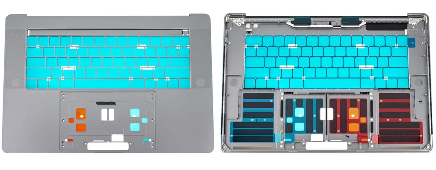 Notebook case part, top cover, keyboard front panel, on white background in insulation