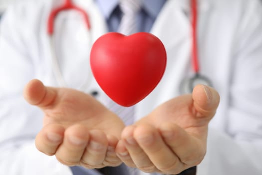 Cardiologist or therapist holds small heart in air. Medical insurance or heart transplant