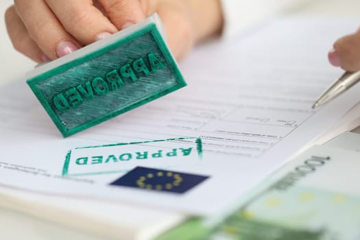 EU Schengen visa application and stamp approved document. Positive application for entry into European Union