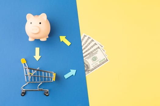 Piggy bank with money and supermarket trolley on a colored background. Schematic concept of commodity circulation and consumer demand.