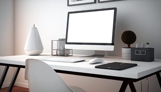 Mock up of desktop computer on white table in modern minimal workplace. Generative AI.