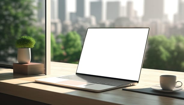 Mock up laptop computer on working table in modern room with city view in the background, Generative AI.