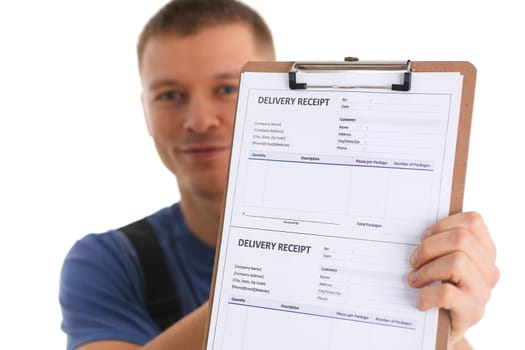 Delivery man holds clipboard with delivery receipt in hands. Courier logistics and delivery of goods concept