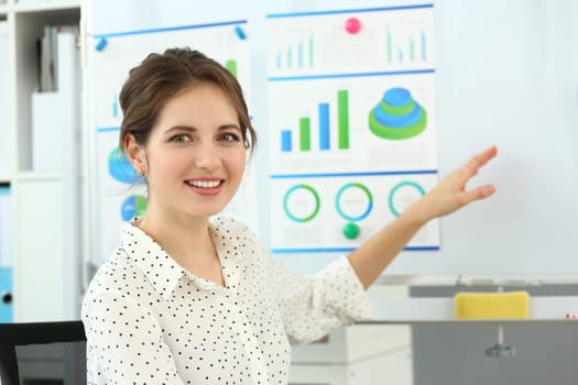 Portrait of smiling businesswoman consultant with financial charts on white board. Online briefing marketing and targeting concept