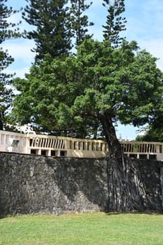 Vertical shot of the wall with a wooden fence around a Buddhist monastery in Taiwan
