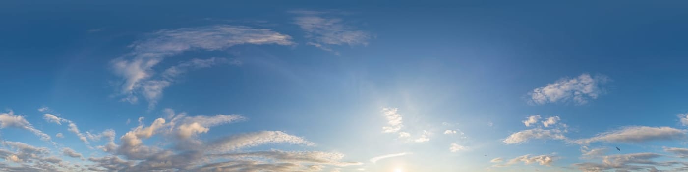 Dark blue sunset sky panorama with pink Cumulus clouds. Seamless hdr 360 pano in spherical equirectangular format. Full zenith for 3D visualization, game, sky replacement for aerial drone panoramas