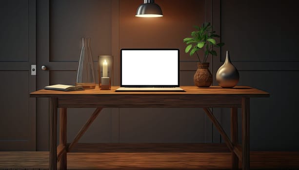 Mock up laptop computer on wooden study table in dark retro workspace at night. Generative AI.