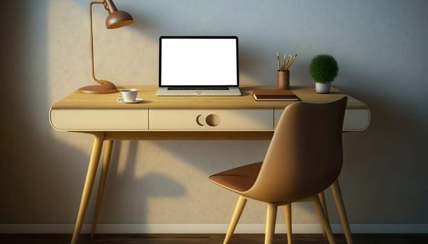 Modern style office room with modern office desk and mock up laptop computer. Generative AI.