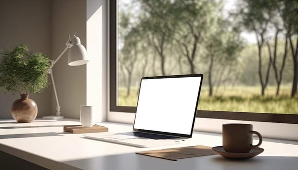 Mock up laptop computer on white table in white minimal room with green garden view background. Generative AI.
