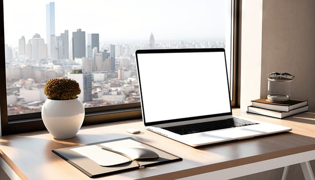 Mock up laptop computer in modern apartment room with city view in the background. Generative AI.