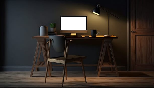 Dark modern workspace with mock up desktop computer on wooden table with lamp and stylish decoration. Generative AI.