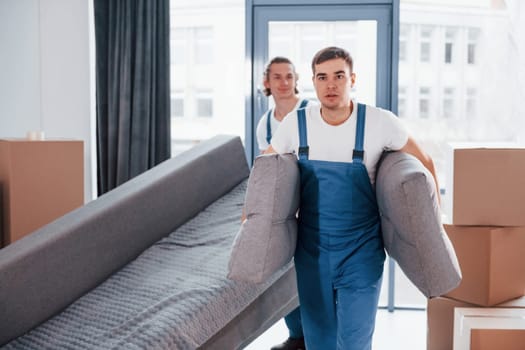 Carrying heavy sofa. Two young movers in blue uniform working indoors in the room.