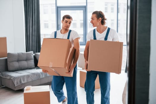 With boxes in hands. Two young movers in blue uniform working indoors in the room.