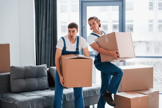 With boxes in hands. Two young movers in blue uniform working indoors in the room.