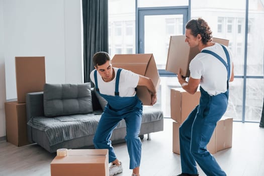 Heavy boxes. Two young movers in blue uniform working indoors in the room.
