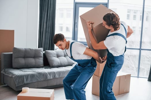 Heavy boxes. Two young movers in blue uniform working indoors in the room.