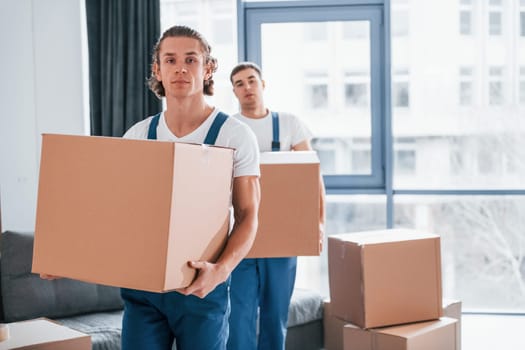 With boxes in hands. Two young movers in blue uniform working indoors in the room.