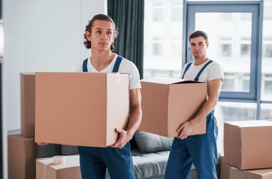 With boxes in hands. Two young movers in blue uniform working indoors in the room.