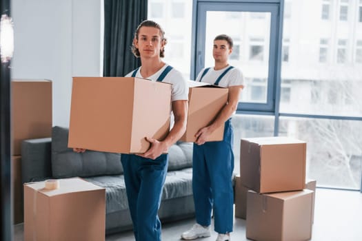 With boxes in hands. Two young movers in blue uniform working indoors in the room.