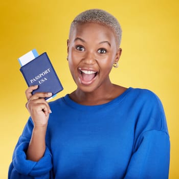 Passport, excited and woman face isolated on yellow background for USA travel opportunity, immigration or holiday. Identity documents, flight ticket and wow portrait of young black person in studio.