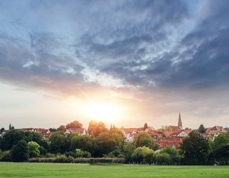 Freiberg am Neckar On the Sunset. Small European town in Baden Wurttemberg, Germany, Europe. Nekar river, southwestern Germany,