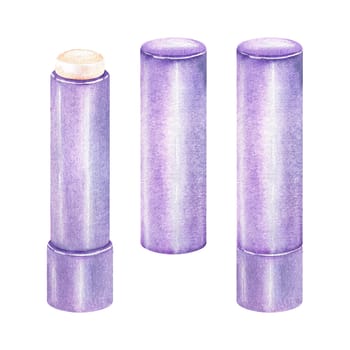 Watercolor illustration. A set of lip balm open and closed. Isolated on a white background. Purple lipstick. For the design of posters for beauty salons, stickers, prints.