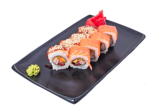 Japanese Cuisine - Sushi Roll with Shrimps and Conger, Avocado, Tobiko and Cheese. sushi rolls tempura,japanese food style