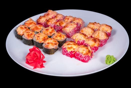 Japanese Cuisine - Sushi Roll with Shrimps and Conger, Avocado, Tobiko and Cheese. sushi rolls tempura,japanese food style