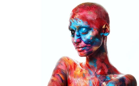 I am an artist. an attractive young woman posing alone in the studio with paint on her face and body