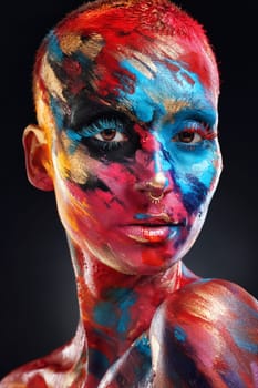 My idea of controlled chaos. an attractive young woman posing alone in the studio with paint on her face