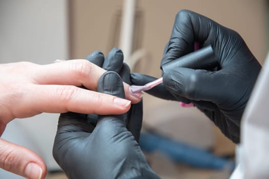 a master does a manicure to a client in a beauty salon and covers her nails with pink varnish. High quality photo