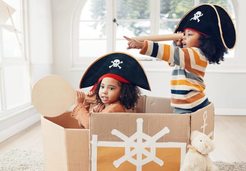 Pirate, box and telescope with children in living room for playful, creative and imagine. Fantasy, relax and party with kids sailing in cardboard boat at home for free time, weekend and entertainment.