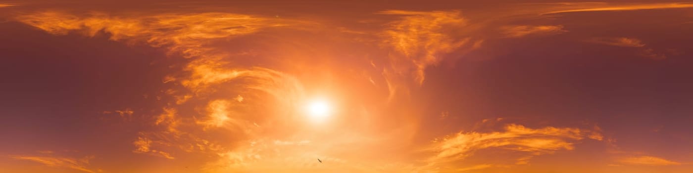 Sky panorama with Cirrus clouds in Seamless spherical equirectangular format. Full zenith for use in 3D graphics, game and editing aerial drone 360 degree panoramas for sky replacement