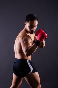 Muscular model sports young man in a boxing gloves on grey background. Male flexing his muscles.