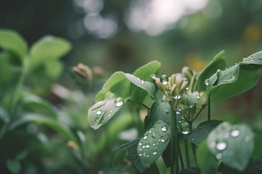 Beautiful plants with dew drops in nature on rainy morning in garden, selective focus. Image in green tones. Spring summer natural background.