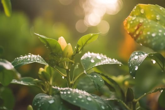 Beautiful plants with dew drops in nature on rainy morning in garden, selective focus. Image in green tones. Spring summer natural background.