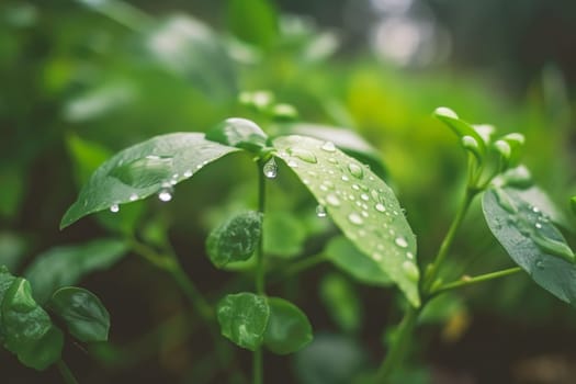 Beautiful plants with dew drops in nature on rainy morning in garden, selective focus. Image in green tones. Spring summer natural background.