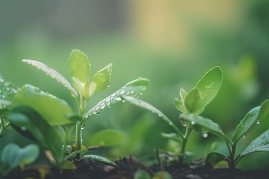 Beautiful plants with dew drops in nature on rainy morning in garden, selective focus. Image in green tones. Spring summer natural background.