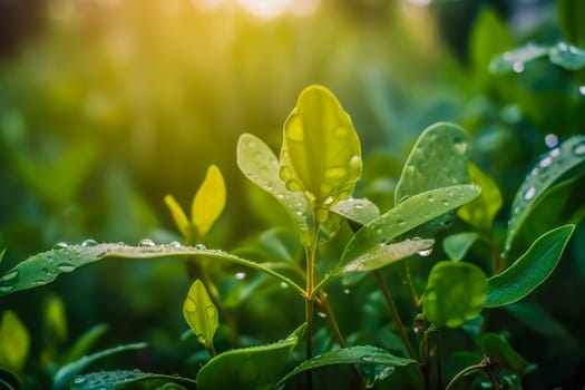 Beautiful plants with dew drops in nature on rainy morning in garden, selective focus. Image in green tones. Spring summer natural background.