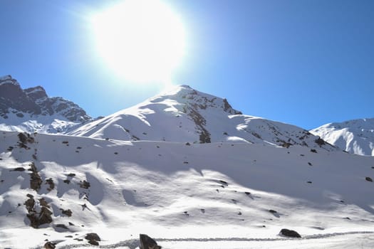 Snow-covered mountain peaks in Himalaya India. The Great Himalayas or Greater Himalayas probably is the highest mountain range of the Himalayan Range System.