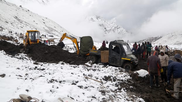 Rudraprayag, Uttarakhand, India, December 12 2014, Kedarnath reconstruction after disaster in extreme winter and snowfall. Government made a reconstruction plan for the Kedarnath temple area that was damaged in floods of 2013.