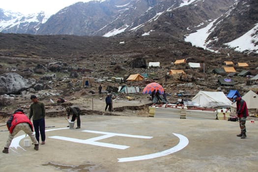 Rudarprayag, Uttarakhand, India, May 18 2014, Helipad painting with H symbol in India. The Kedarnath Helipad located at about 700 meters away from Kedarnath Temple and can be reached within few minutes. High quality photo