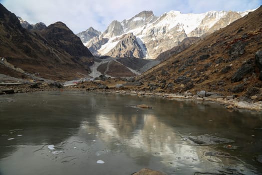 Snow covered peak and a lake in high altitude of Himalaya. Dotted with long mountain ranges and glittering jewels in the world map, Uttarakhand is well-known for its glorious hill stations.