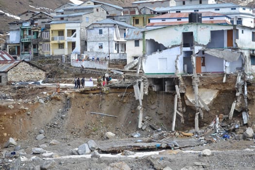 Damaged buildings due to Kedarnath disaster in June 2013. In 2013, a multi-day cloudburst centered on the North Indian state of Uttarakhand caused country's worst natural disaster.