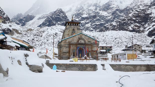 Kedarnath temple during winter and snow fall in Uttarakhand. Kedarnath temple is a Hindu temple dedicated to Shiva. Located on the Garhwal Himalayan range near the Mandakini river,