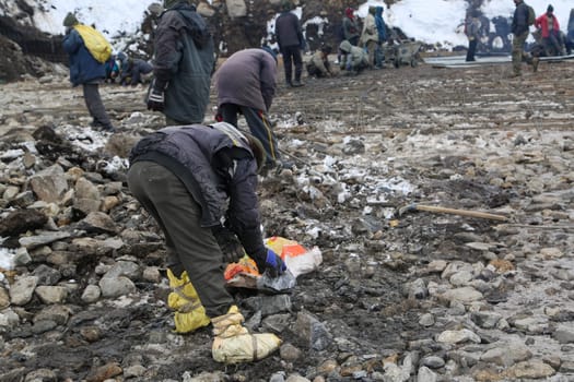 Rudraprayag, Uttarakhand, India, December 12 2014, Kedarnath reconstruction redevelopment in winter season. The foundation stone of the reconstruction project at Kedarnath were laid the Prime Minister.